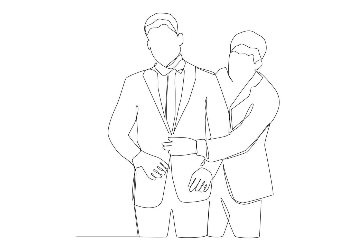 Continuous line art of man helps a friend get dressed. vector