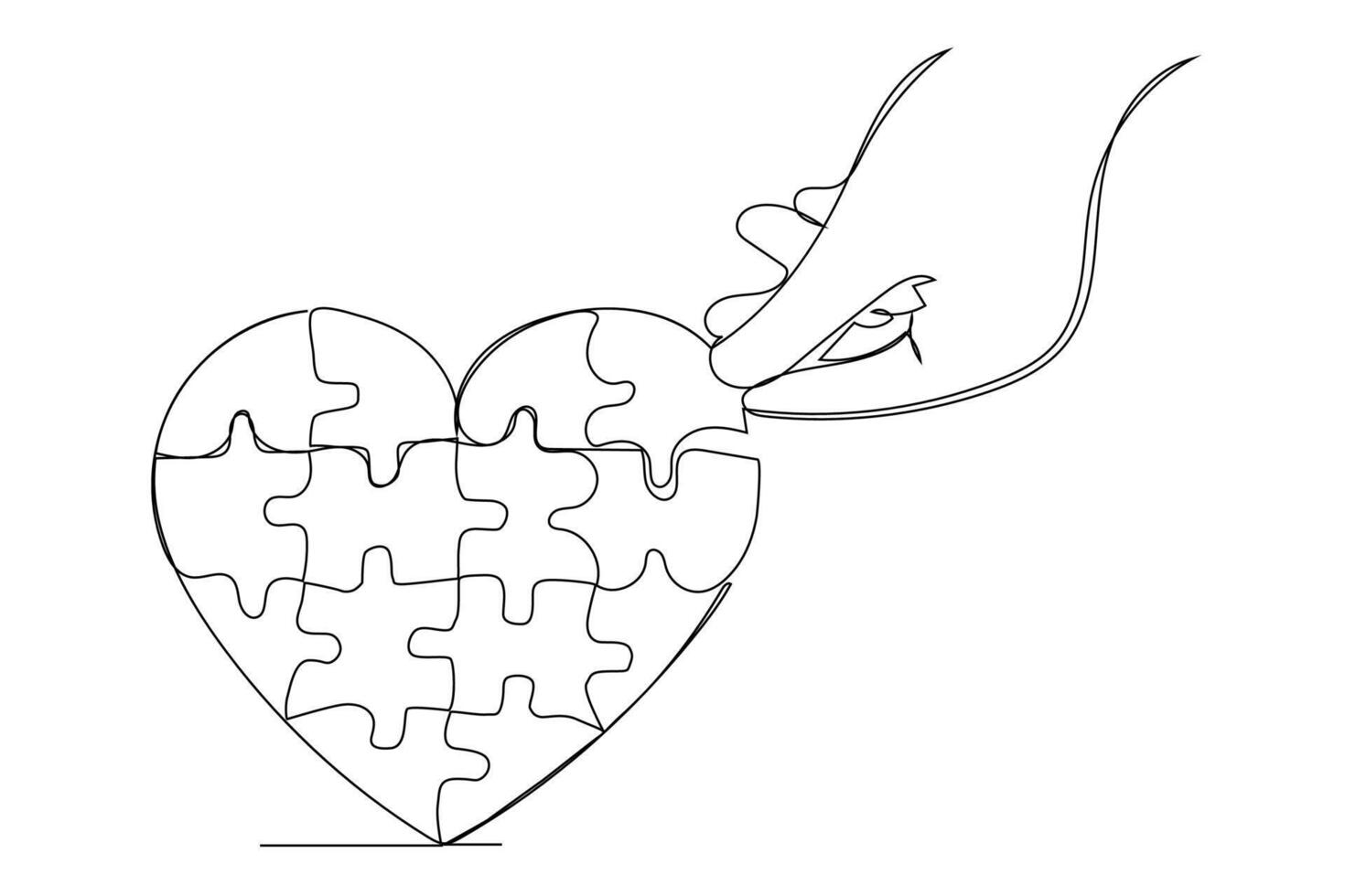 continuous line drawing of hands solving jigsaw puzzle in a love shape vector