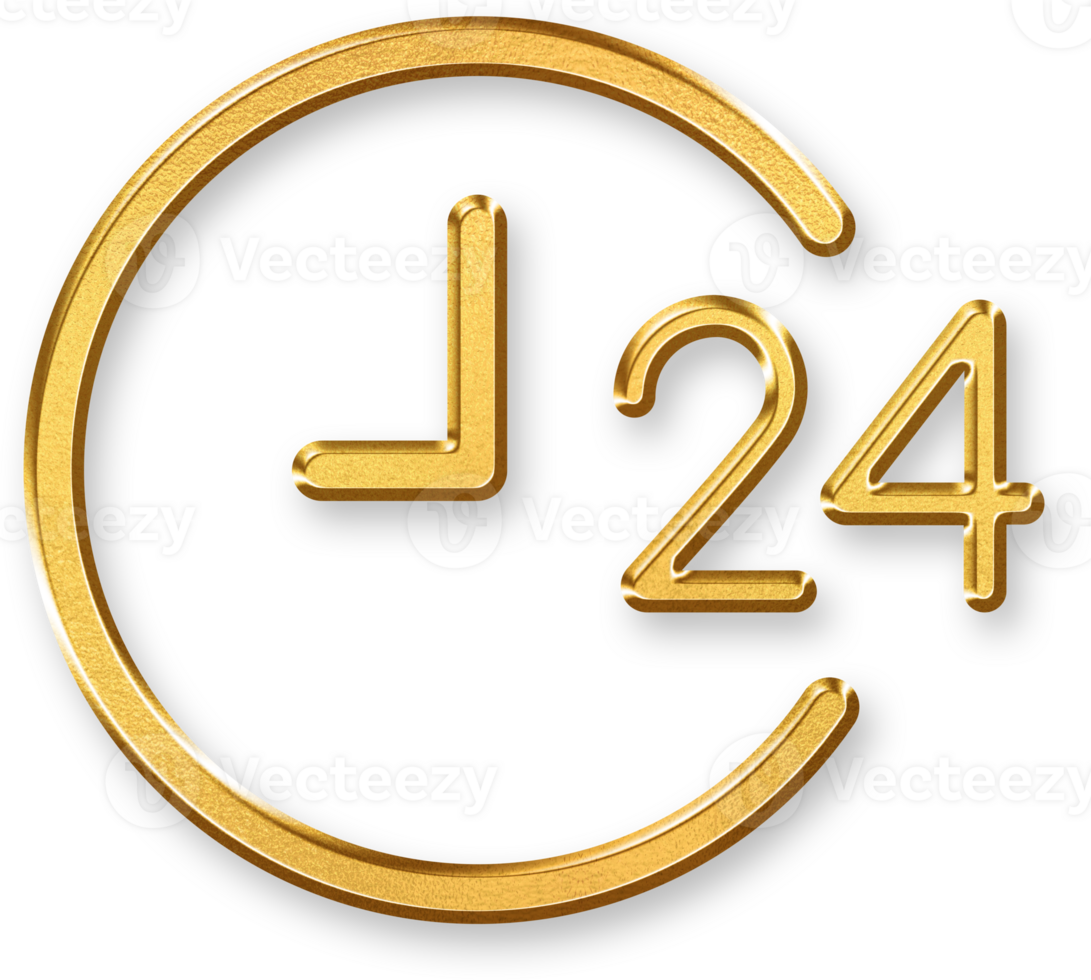 Gold 24 Hour Service Icon 3D Glossy Gold Clock and Arrow Symbol Representing 24 7 Support, Customer Care, and Around the Clock Availability in Modern Service Design png