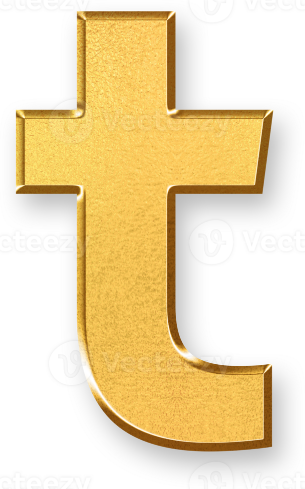 Gold Letter t Icon 3D Glossy Golden Lowercase t Symbol with Metallic Shine and Shadowed Style for Typographic Design, Education Tools, Logo Text, and Alphabet Based Graphic Systems png
