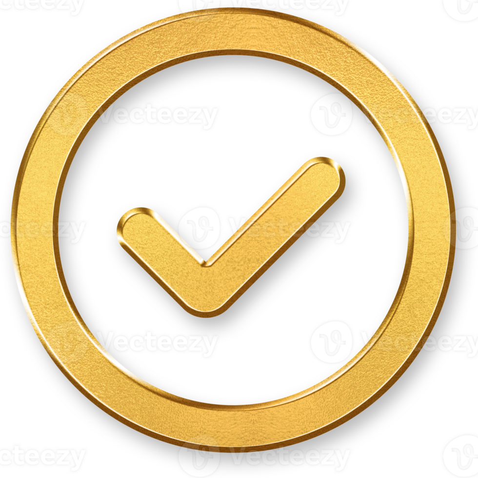 Gold Checkmark in Circle Icon 3D Glossy Golden Tick Symbol Inside Circular Frame with Metallic Shine and Shadowed Style for Verification, Approval, and Task Completion Concepts png