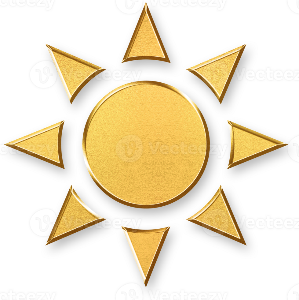 Gold Brightness Icon 3D Glossy Golden Sunburst Symbol with Rays and Metallic Shine for Light Control, Display Adjustment, and Visual Contrast Settings png