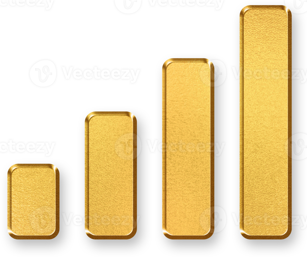 Gold Signal Bars Icon 3D Glossy Golden Vertical Signal Strength Symbol with Metallic Shine and Shadowed Effect for Network Status, Connectivity, and Wireless Performance Concepts png