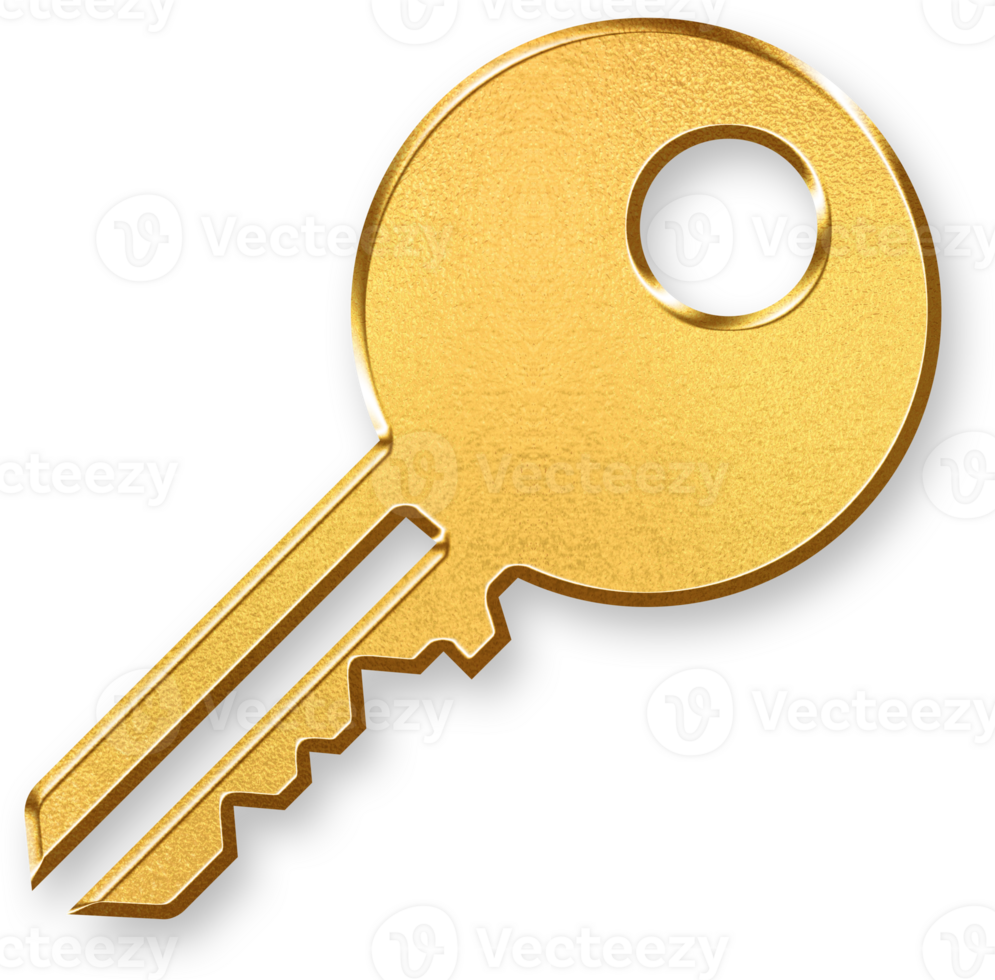 Gold Key Icon 3D Glossy Golden Key Symbol with Metallic Shine and Shadowed Style for Access, Security, Password, Unlocking, and Authorization Design Concepts png