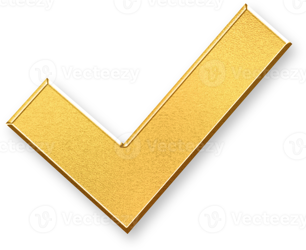 Gold Approval Icon 3D Glossy Golden Check Symbol with Metallic Shine and Shadowed Style for Confirmation, Validation, Agreement, and Task Completion Concepts png