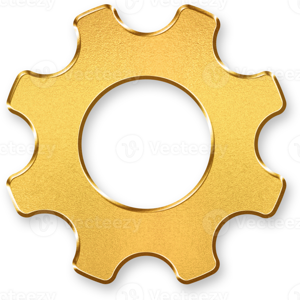 Gold Settings Icon 3D Glossy Golden Gear Symbol with Metallic Shine and Shadowed Style for Configuration, Preferences, Controls, and System Adjustment Concepts png