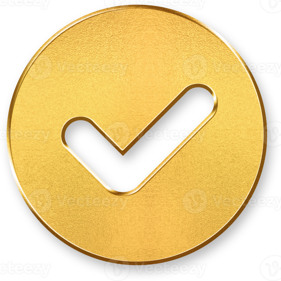 Gold Success Icon 3D Glossy Golden Checkmark Symbol with Metallic Shine and Shadowed Effect for Achievement, Completion, Milestone, and Positive Feedback Concepts png