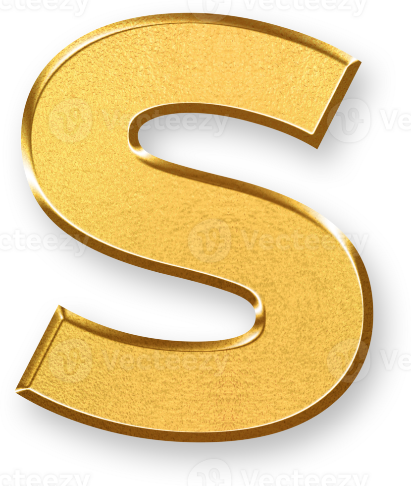 Gold Letter s Icon 3D Glossy Golden Lowercase s Symbol with Metallic Shine and Shadowed Style for Alphabet Typography, Learning Materials, Monogram Branding, and Visual Identity Design png