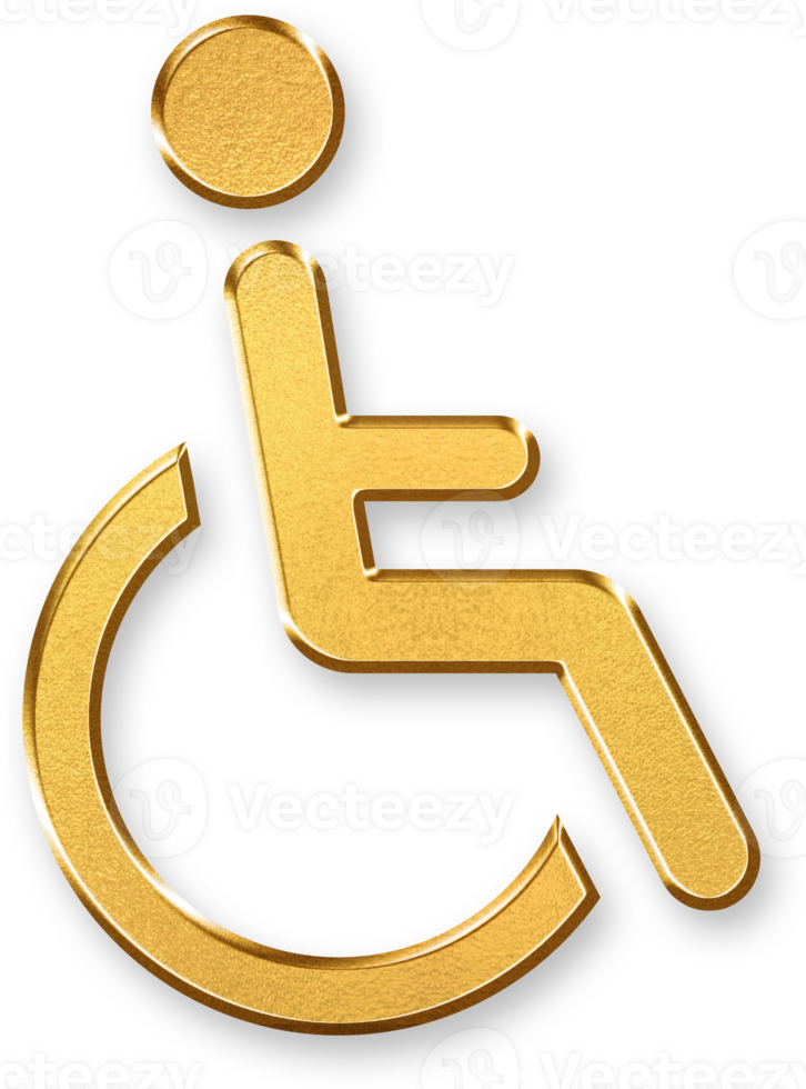 Gold Wheelchair Accessibility Icon 3D Glossy Golden Wheelchair Symbol with Metallic Shine and Shadowed Effect for Disability Services, Inclusive Design, and Accessibility Concepts png