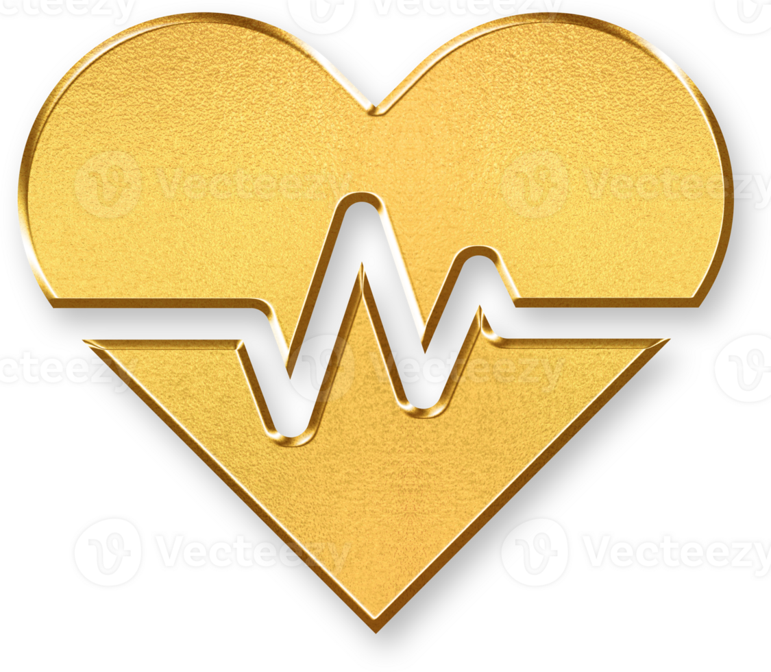 Gold Heartbeat Icon 3D Glossy Golden Heart Pulse Symbol with Metallic Shine and Shadowed Style for Healthcare, Medical Monitoring, Fitness, and Wellness Design Concepts png