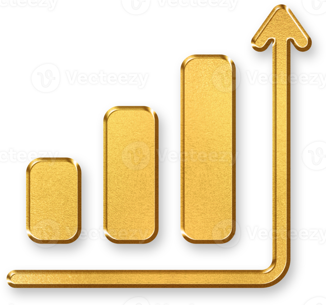 Gold Bar Graph Icon 3D Glossy Golden Bar Chart Symbol with Metallic Shine and Shadowed Effect for Data, Statistics, Business Analysis, and Financial Reports png