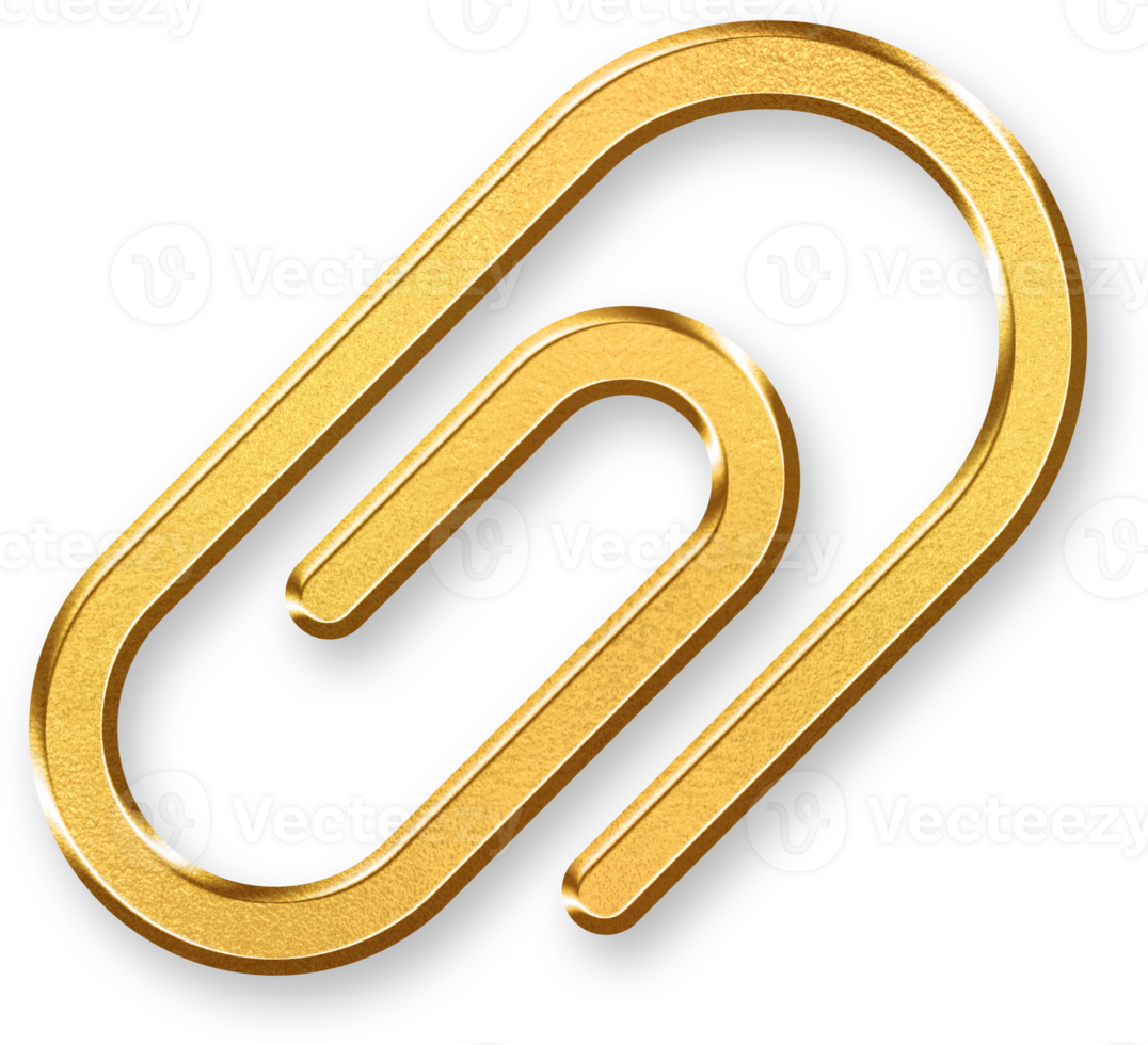 Gold Paperclip Icon 3D Glossy Golden Clip Symbol with Metallic Shine and Shadowed Style for Attachments, Office Organization, and Minimal Stationery Design Concepts png
