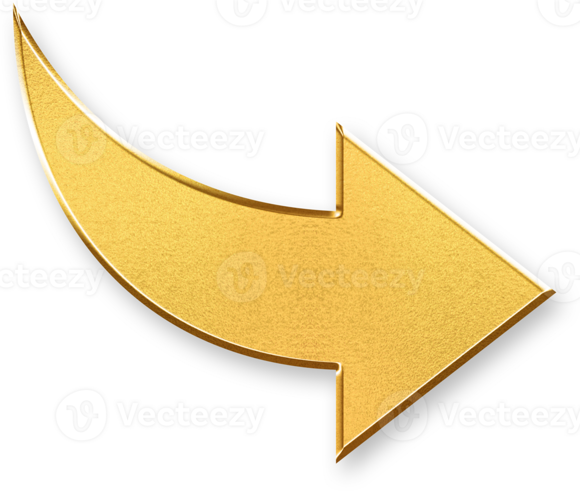 Gold Turn Right Arrow Icon 3D Glossy Golden Direction Arrow Symbol with Metallic Shine and Shadowed Style for Navigation, Map Instructions, and Right Turn Indicators png