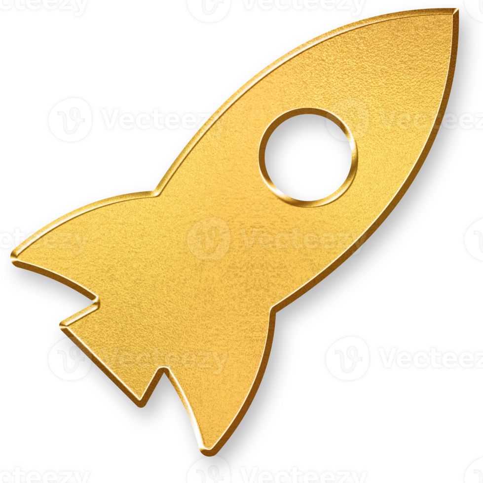 Gold Startup Icon 3D Glossy Golden Rocket Symbol with Metallic Shine and Shadowed Style for Business Growth, Innovation, New Venture Launch, and Entrepreneurial Success Concepts png