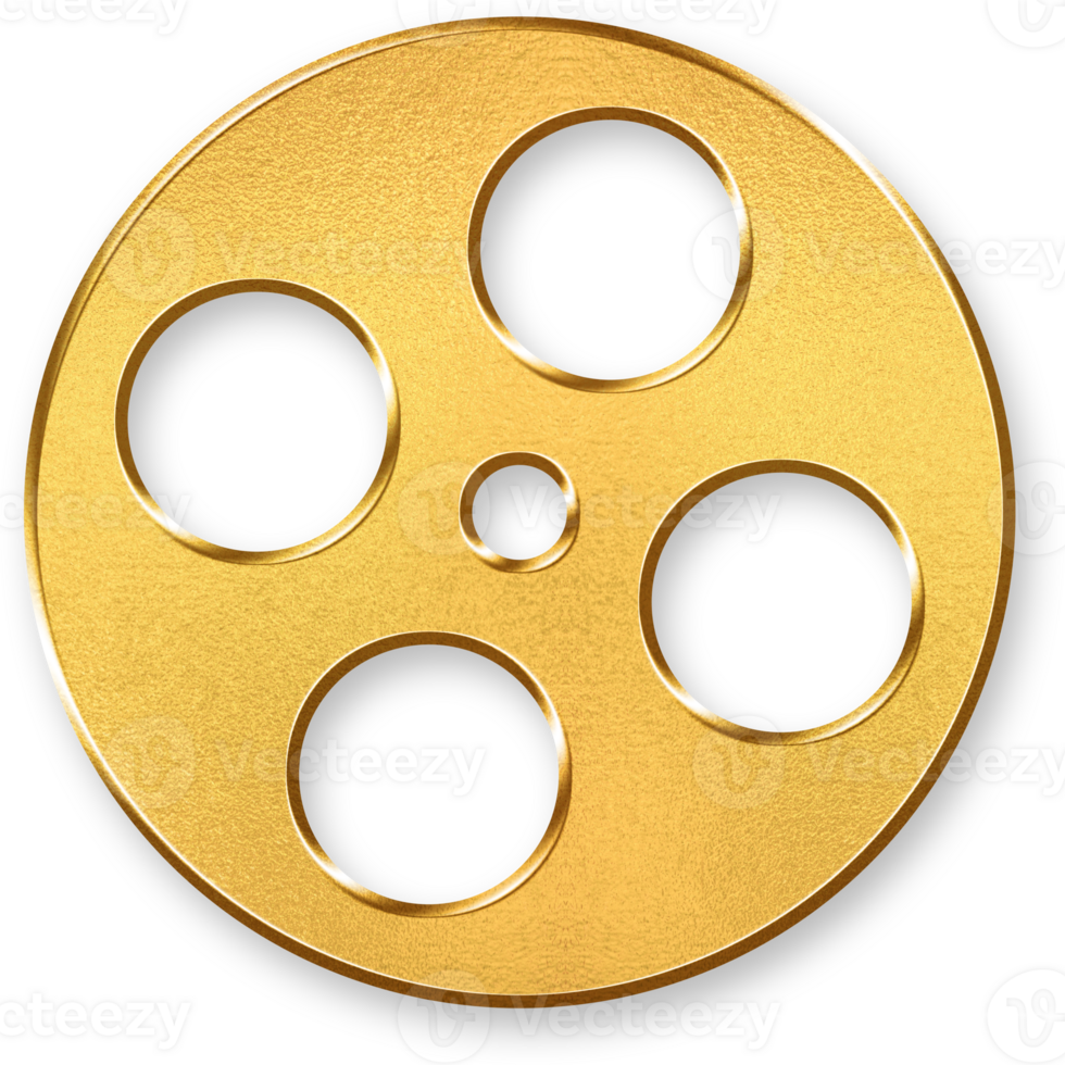 Gold Film Reel Icon 3D Glossy Golden Movie Reel Symbol with Metallic Shine and Shadowed Style for Cinema, Filmmaking, Entertainment, and Production Concepts png