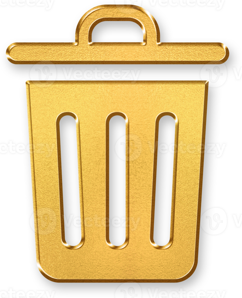 Gold Trash Bin Icon 3D Glossy Golden Waste Bin Symbol with Metallic Shine and Shadowed Effect for Deletion, Cleanup, File Removal, and Digital Discard Concepts png