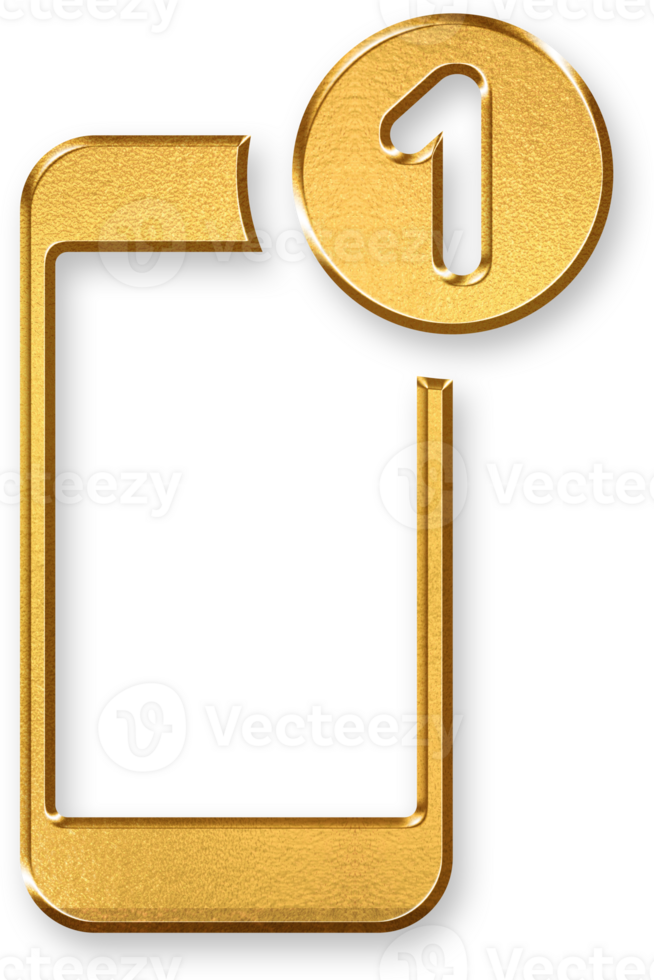 Gold Smartphone Notification Icon 3D Glossy Golden Mobile Alert Symbol with Metallic Shine and Shadowed Style for Messages, Push Alerts, and Phone Communication png