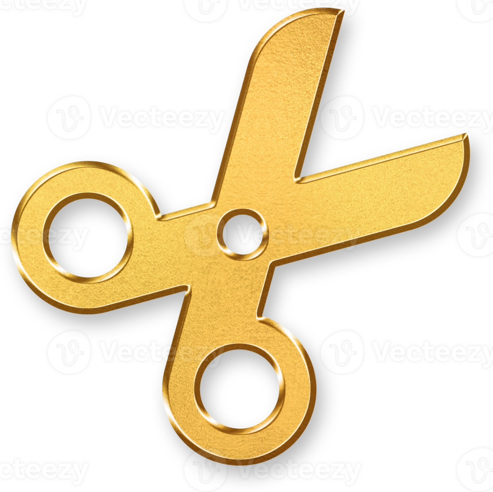 Gold Scissors Icon 3D Glossy Golden Cutting Tool Symbol with Metallic Shine and Shadowed Style for Design, Crafting, Trimming, and Hairdressing Concepts png