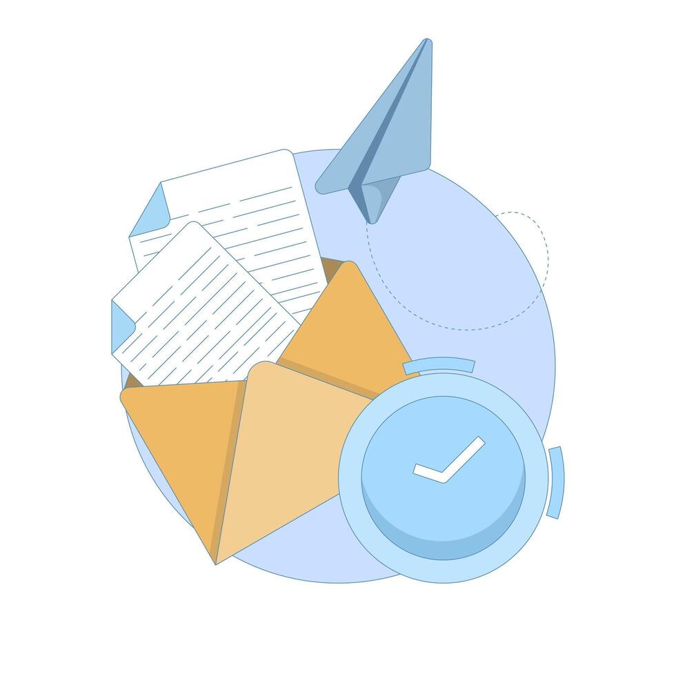 Scheduled Mail Concept. Mail Envelope with Clock. Email messages sent to customers with automated scheduling software, email marketing concept. Flat Design Illustration. vector