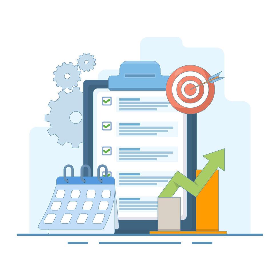 Business Plan Concept. Clipboard with Data Chart and Target Arrows. Business strategy, business plan. financial report. Clipboard with financial data infographics. Flat Design Illustration. vector