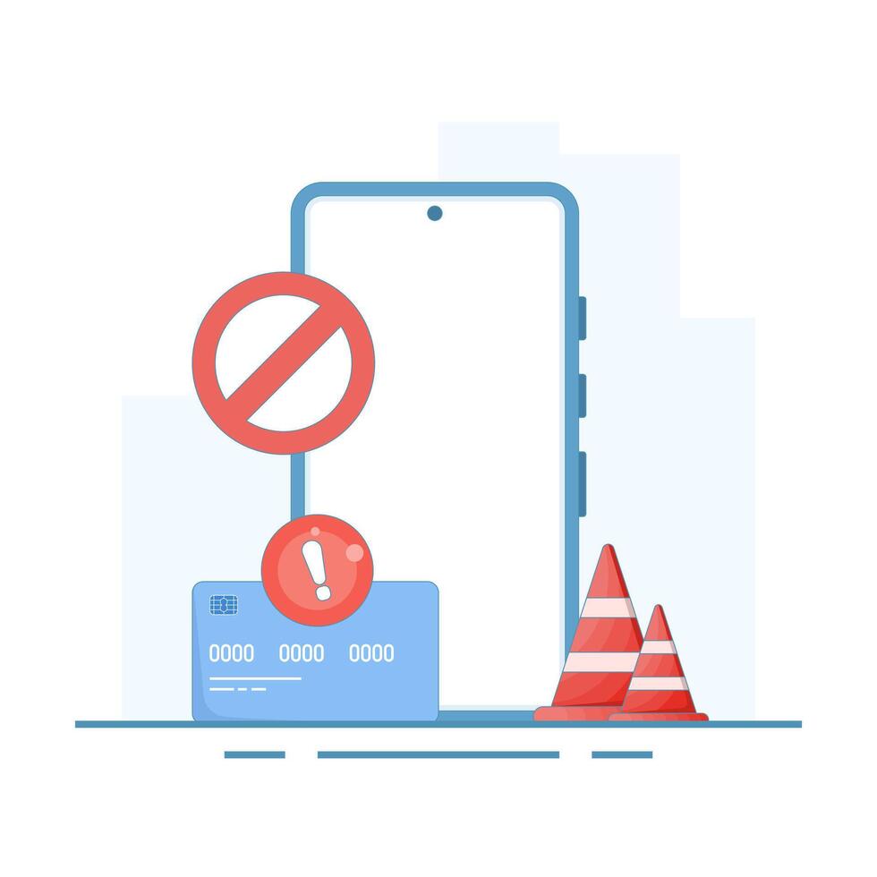 Mobile and payment card blocked, online payment, warning. debit card with payment warning sign concept online payment rejection icon. flat design illustration on background. vector