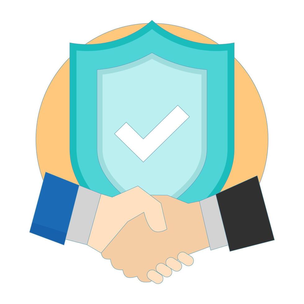 Business Reliability Concept. Shield with Information People Shaking Hands. making a deal. Partnership and collaboration. responsible business. Flat Cartoon Design Illustration on Background. vector