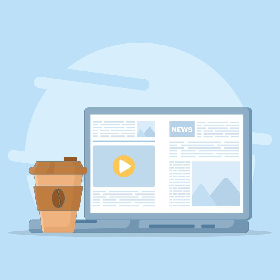 Online education concept, Tablet with news information and apps, coffee cup, equipment on isolated background, digital marketing. Flat design illustration on background. vector