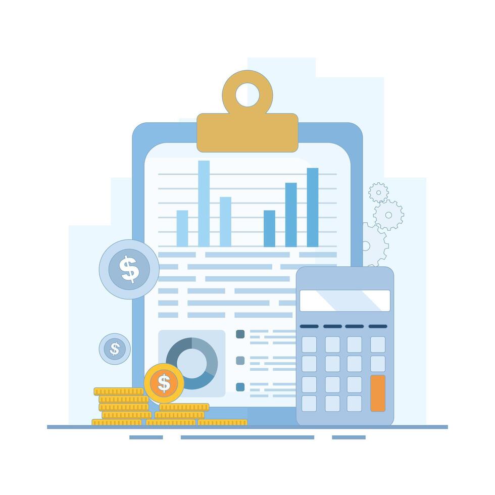 Financial Report Concept. Clipboard with Profit and Loss Report and Calculator. Report analysis, budget planning, bookkeeping operations, income statistics. Flat Design Illustration. vector