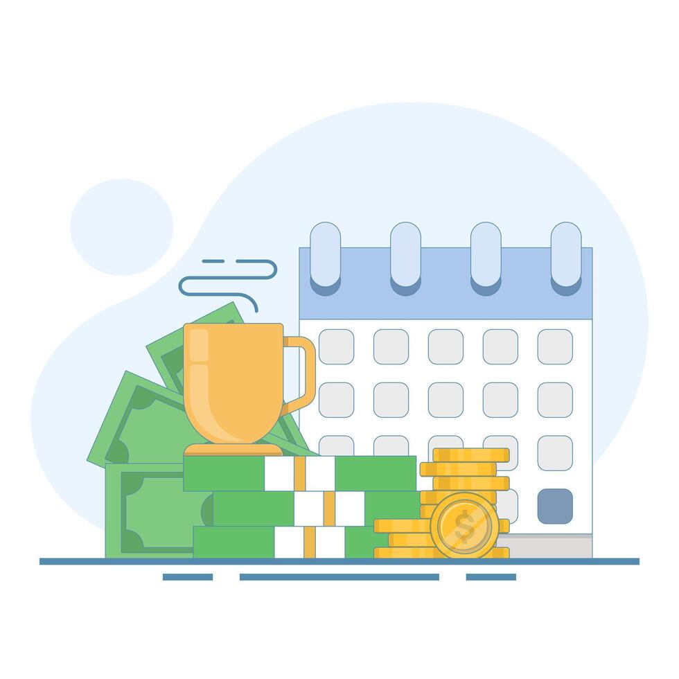 The concept of retirement plan, passive income or pension fund. A stack of money, a calendar and a cup of coffee, symbolize financial freedom, monthly income and a relaxed lifestyle. Flat illustration vector