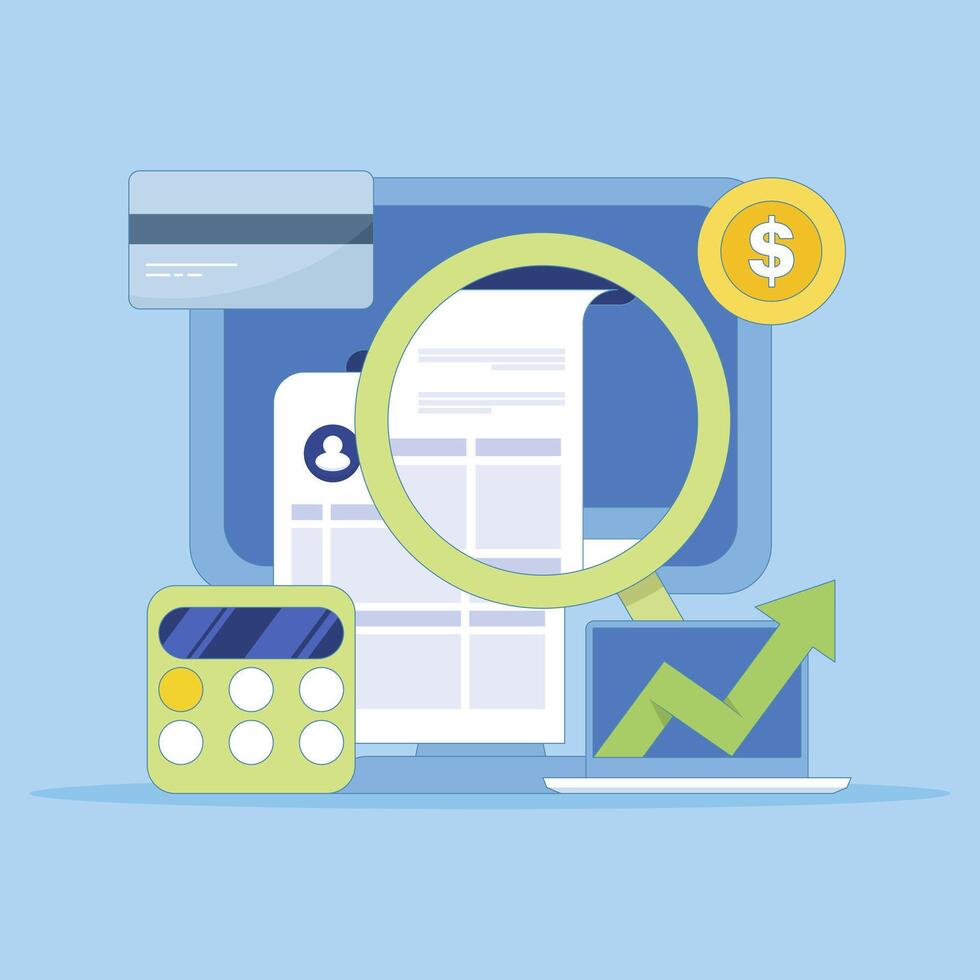 Online accounting software concept, Digital accounting, Wealth management, Tax calculation, Financial growth, Banking reports. illustration background with icons vector