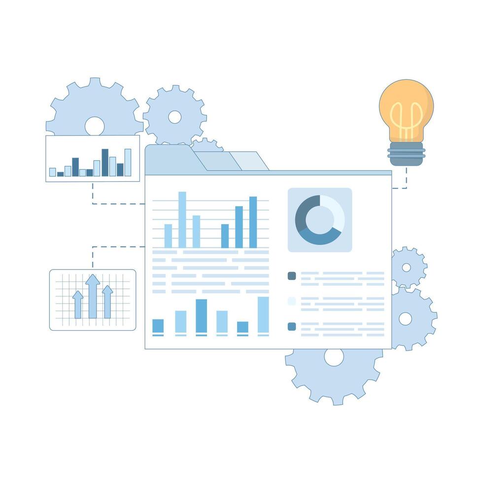 Digital Marketing Concept. Business Graph Report Analysis. Financial audit research. Digital report analysis or analytics. Market sales inspection statistics. Flat cartoon design illustration vector