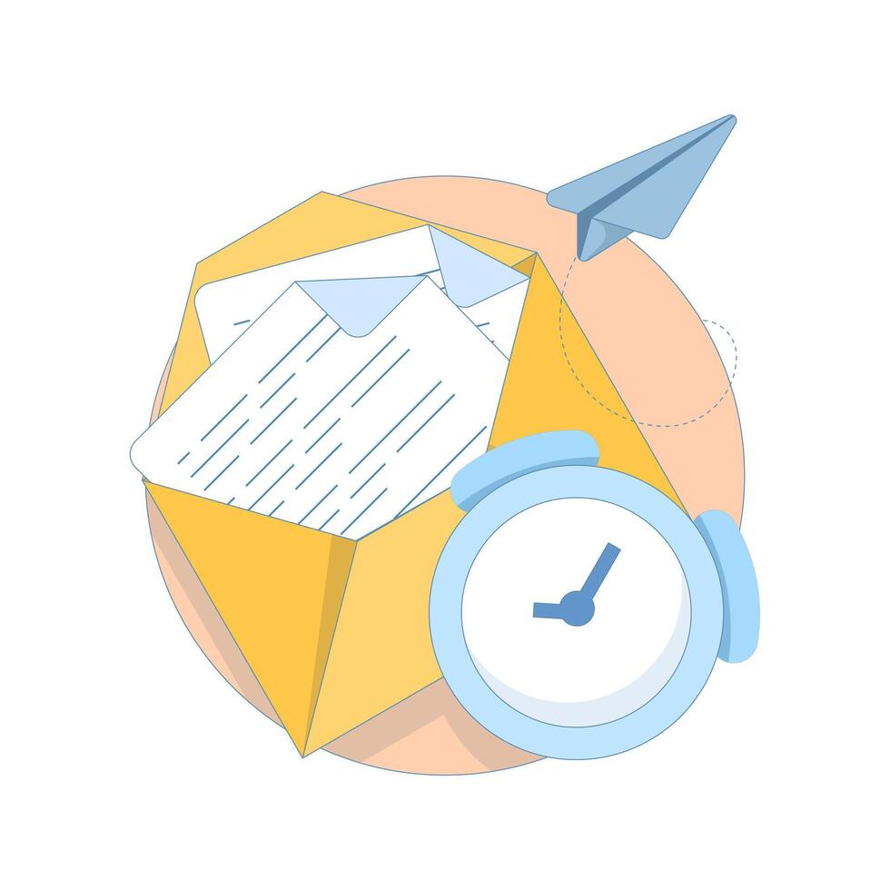 Scheduled Mail Concept. Mail Envelope with Clock. Email message sent to customers with automatic scheduling software, email marketing concept. Flat Design Illustration in the background. vector