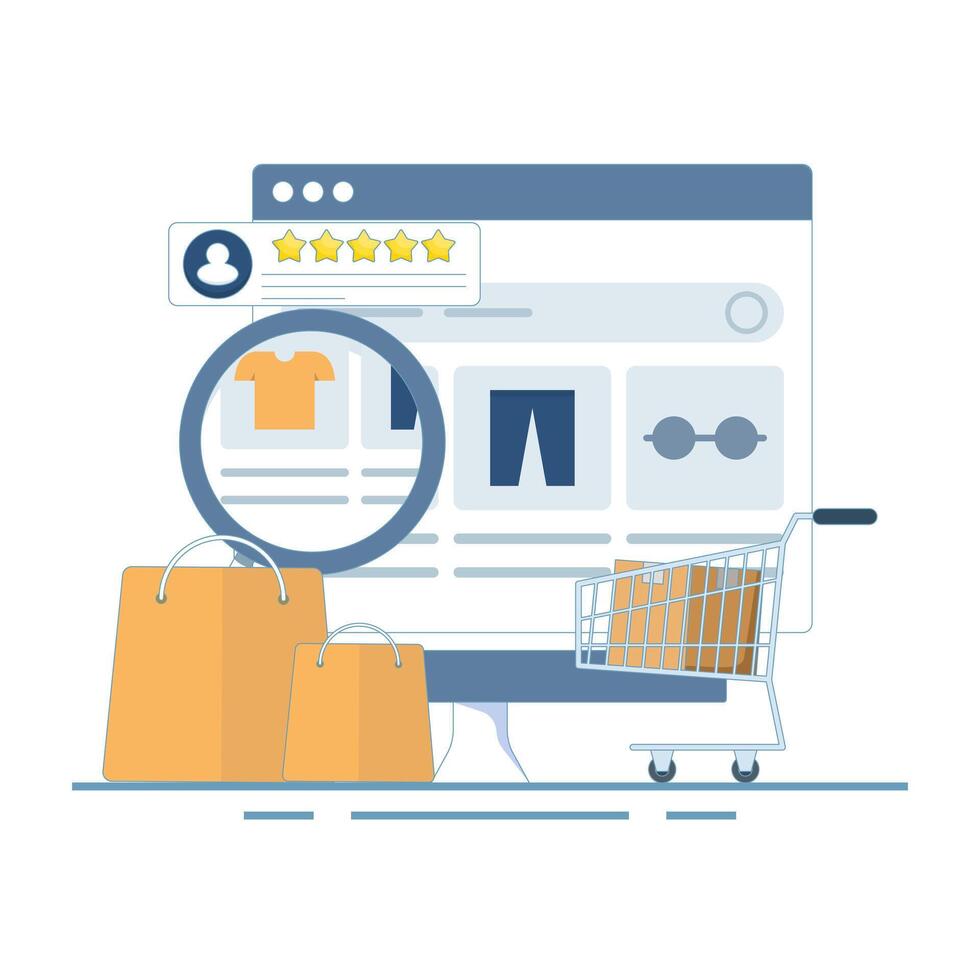 eCommerce website concept, Customer experience of shopping website, Add to cart concept, Customers share product ratings. flat design illustration. vector