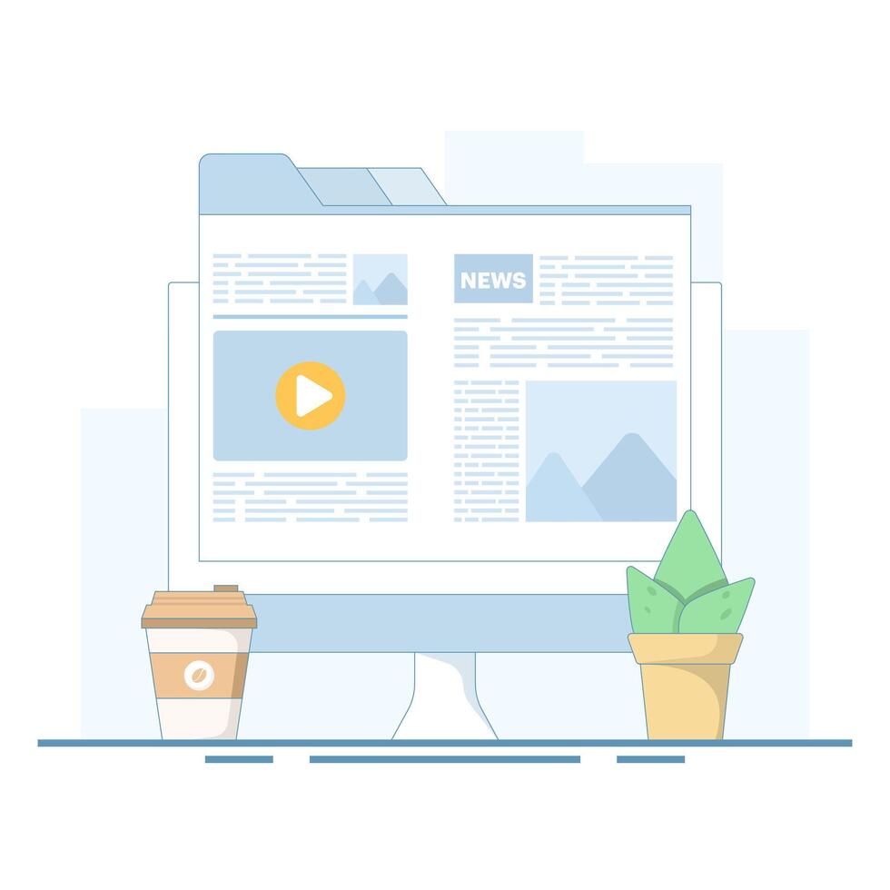 Online education concept, Tablet with news information and apps, coffee cup, equipment on isolated background, digital marketing. Flat cartoon design illustration on background. vector