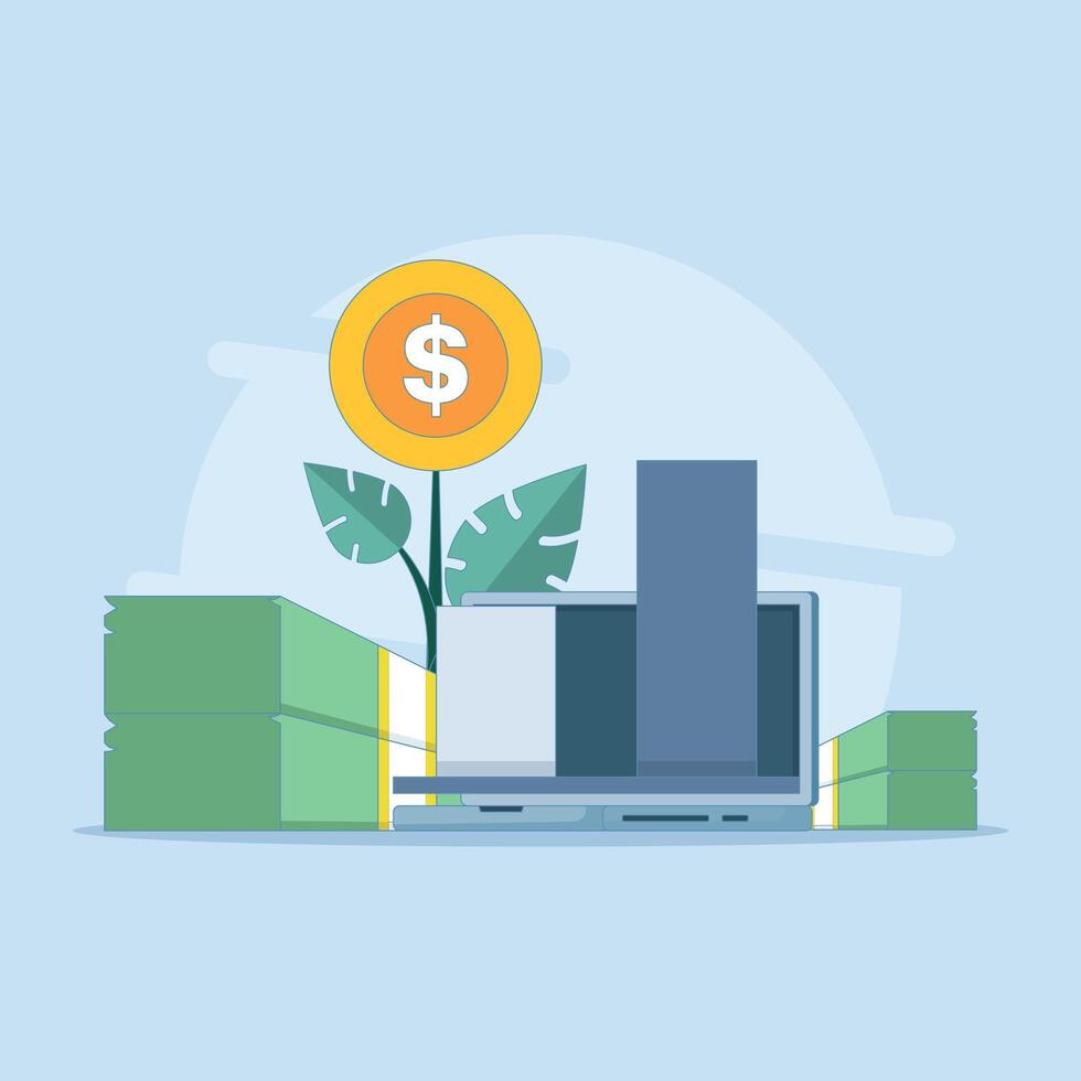 Trading Business Investment Chart. Application concept Analyze cash investment money. financial growth with coins.increase in finance, capital and money. flat cartoon design illustration. vector
