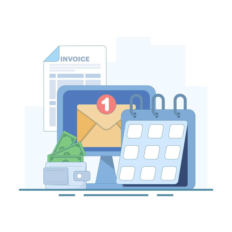 payment schedule set calendar with date markers background invoice banknotes inserted into wallet notification email message on laptop screen monitor. Illustration in flat style. vector