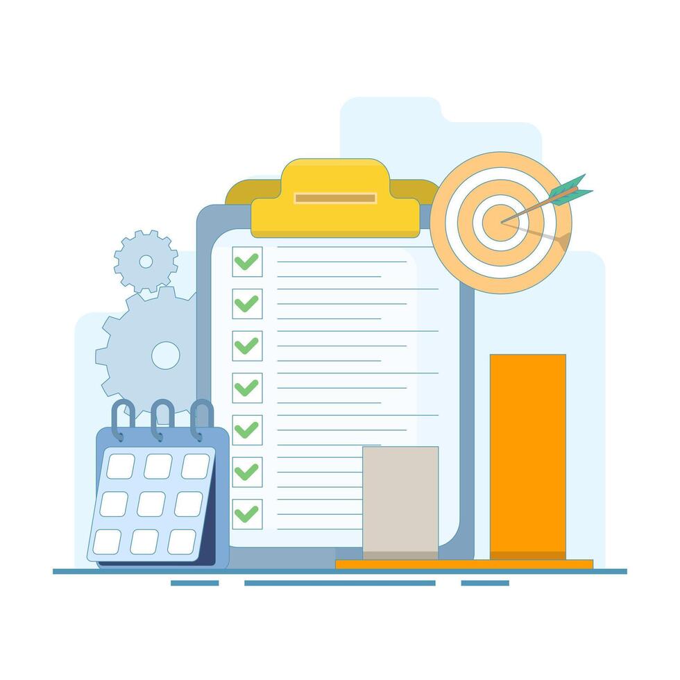 Business Plan Concept. Clipboard with Data Chart and Target Arrows. Business strategy, business plan. financial report. Clipboard with financial data infographics. Flat Cartoon Design Illustration. vector