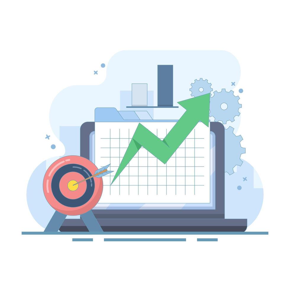 Business Growth Concept. List of goals and objectives. Business plan. Financial audit, financial report. Vision and mission. Business planning and strategy for growth. Flat cartoon design illustration vector