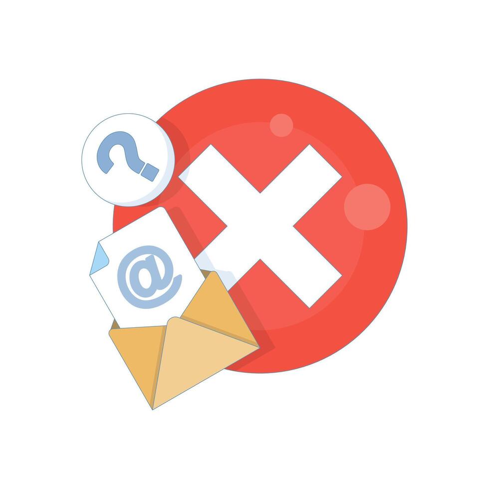 email account not found, login error, or invalid email address. email envelope with at sign and red cross. for UI design, mobile apps, websites, and alert messages. flat illustration. vector