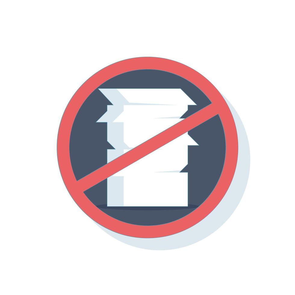Concept of crossed out stack of documents. Easy requirements, no bureaucracy, simplified process, no paperwork, quick registration or minimal administration. For digital services. Cartoon illustration vector