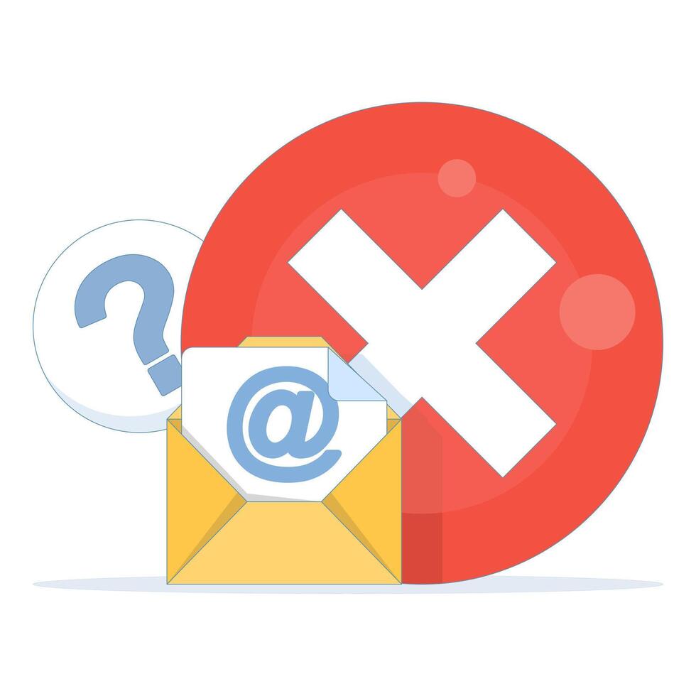 email account not found, login error, or invalid email address. email envelope with at sign and red cross. for UI design, mobile apps, websites, and alert messages. flat design. vector