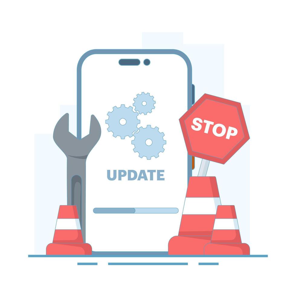 System update concept, smartphone software update screen, System maintenance, software installation process, operating system. Software update and installation program. Flat illustration. vector