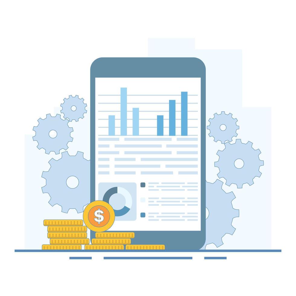 Digital Marketing Data Concept. Mobile Phone with Data Graph and Coins. Digital marketing. Advertising business development strategy. Social media analysis. Flat design illustration. vector
