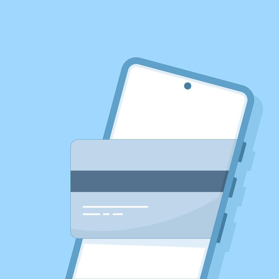 Mobile phone with payment card. Payment by phone, online payment. Pay online. Online bank payment for mobile phone application. Digital wallet. Flat cartoon design illustration. vector