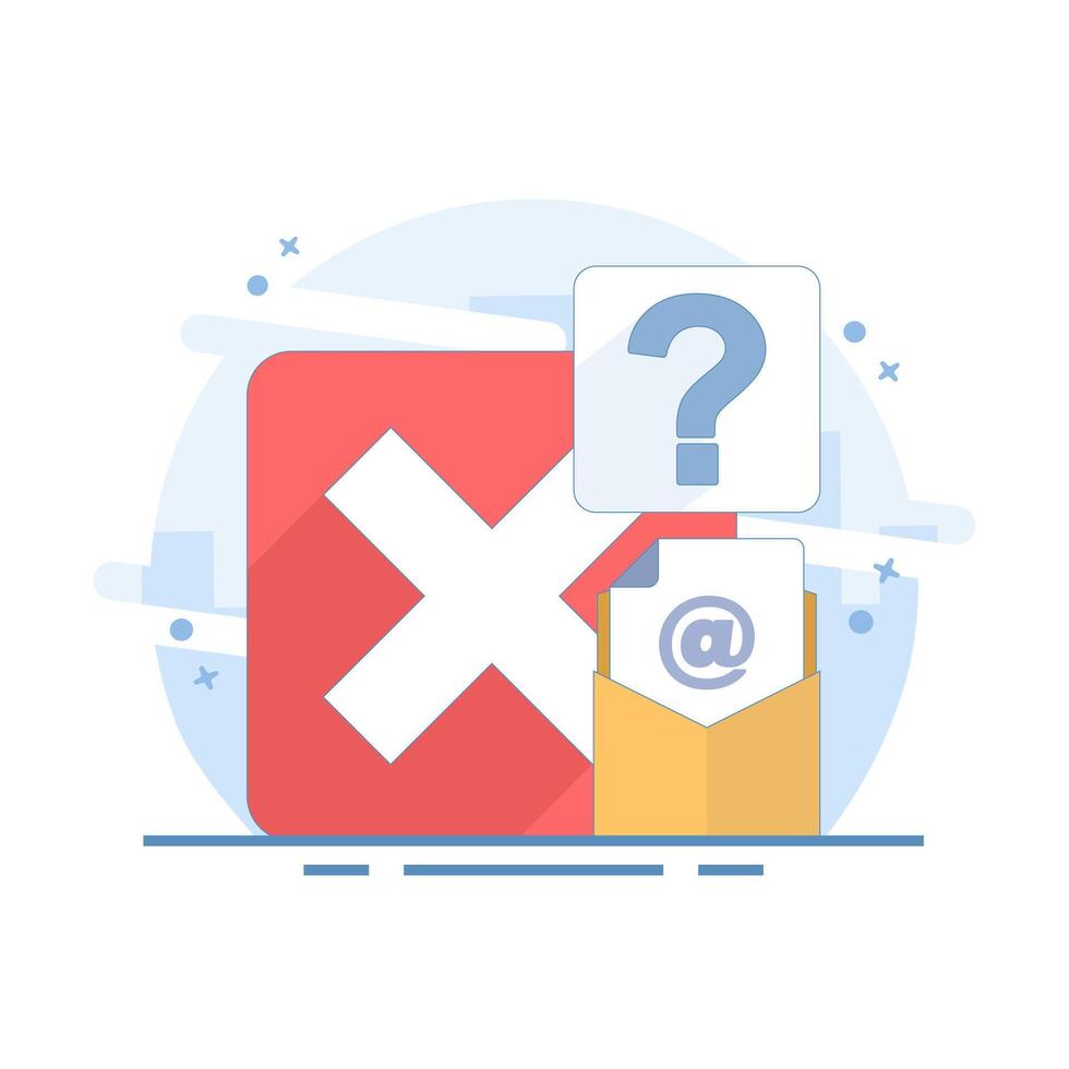 email account not found, login error, or invalid email address. email envelope with at sign and red cross. for UI design, mobile apps, websites, and alert messages. flat design illustration. vector