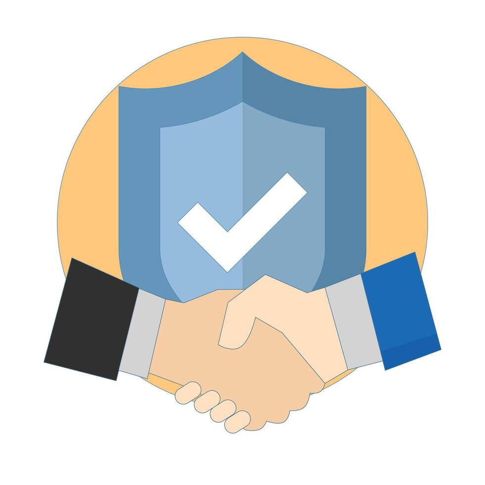 Business Reliability Concept. Shield with Information People Shaking Hands. making a deal. Partnership and collaboration. responsible business. Flat Design Illustration on Background. vector