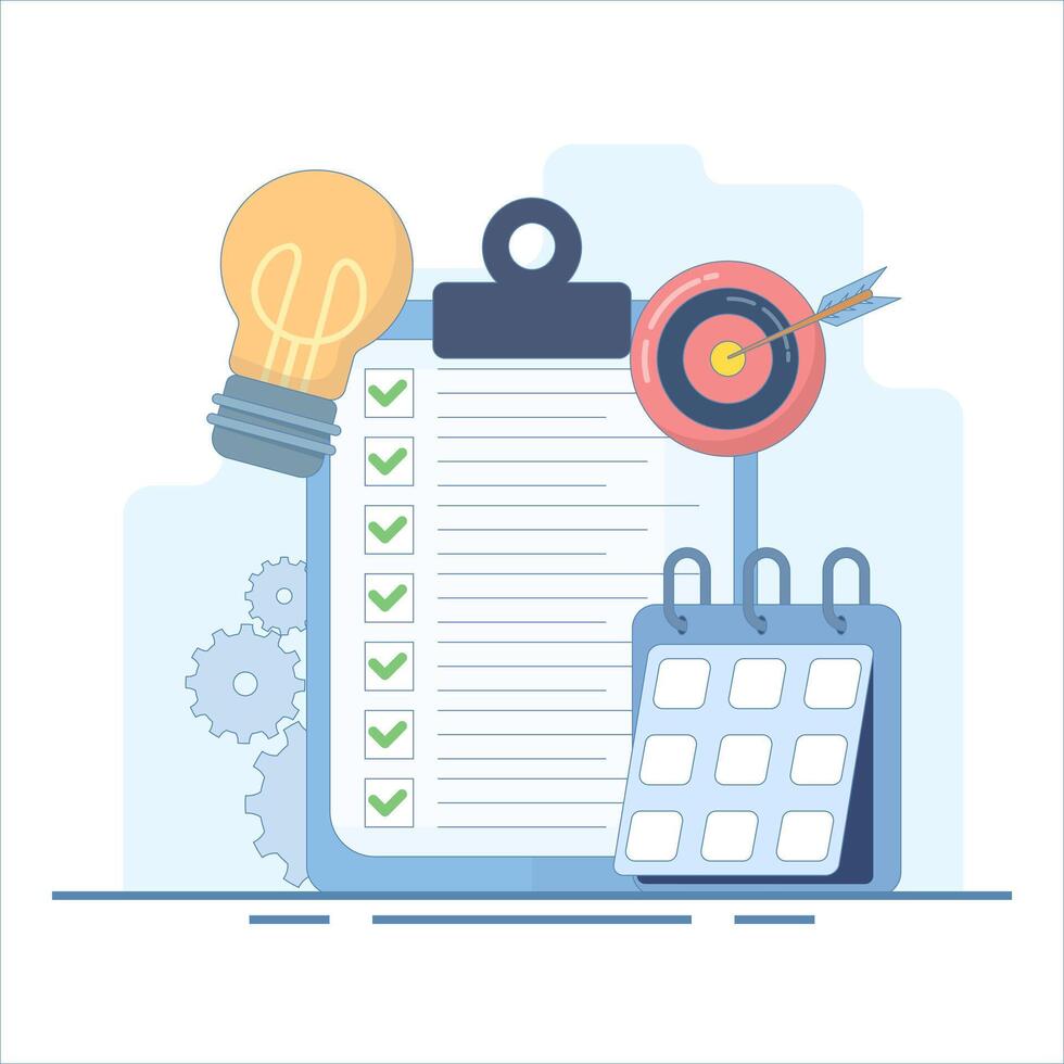 Abstract Concept of Project Management. Clipboard with Calendar and Idea Light Bulb. Project management, resource planning and budget. Flat Design Illustration on Background. vector