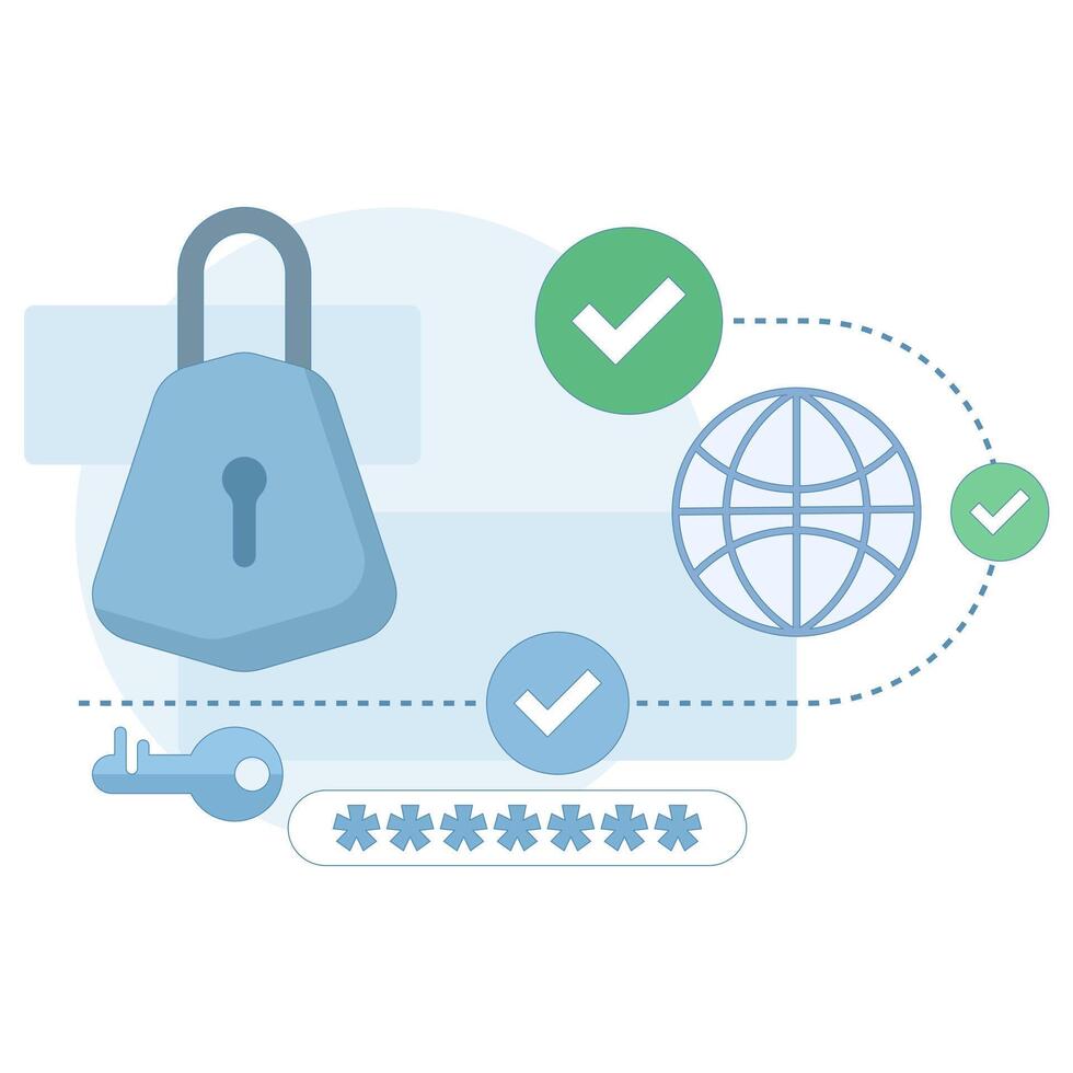 Cloud Security and Data Protection Concept. Online security, information confidentiality. Cloud storage. Network protection. Passwords, keys, personal identification. Flat illustration. vector