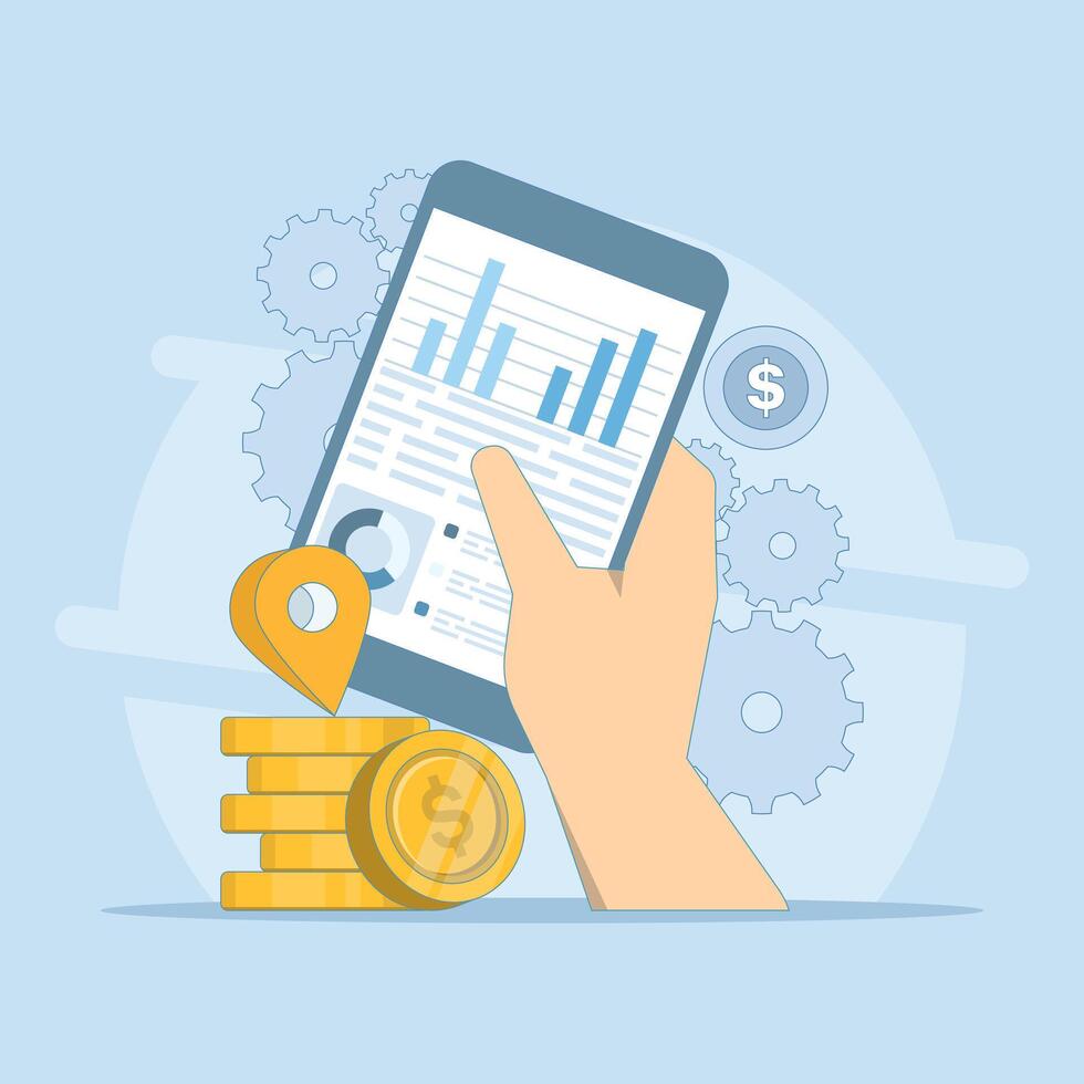 Digital Marketing Data Concept. Mobile Phone with Data Graph and Coins. Digital marketing. Advertising business development strategy. Social media analytics. Flat cartoon illustration on background. vector