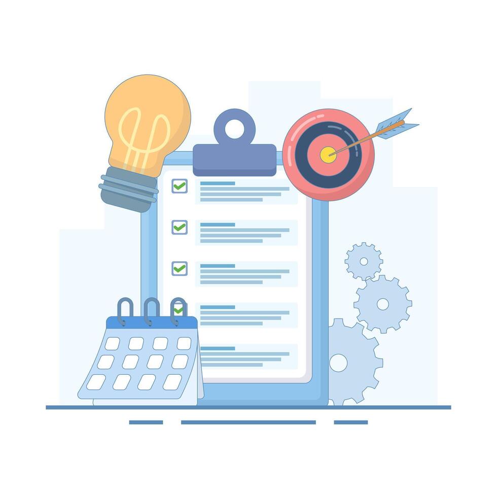 Abstract Concept of Project Management. Clipboard with Calendar and Idea Light Bulb. Project management, resource planning and budget. Flat Cartoon Design Illustration on Background. vector
